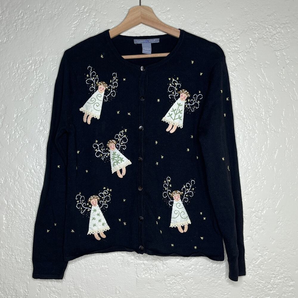 Carroll Reed Women's Black Angel Embroidered Button Cardigan Sweater Large‎